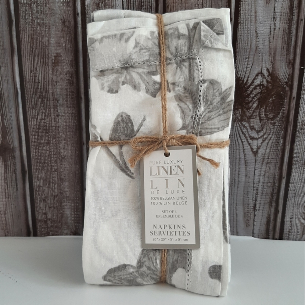 Pure Luxury Linen 4 Floral Napkins 100% Linen Gray White 20" square